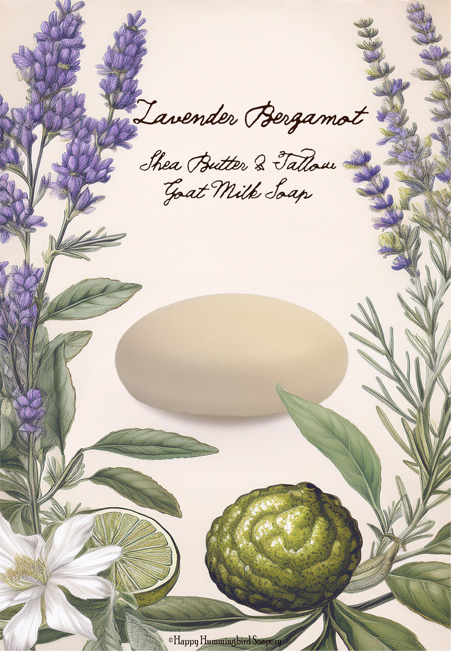 Lavender Bergamot goat milk soap with botanical lavender and citrus bergamot illustration.