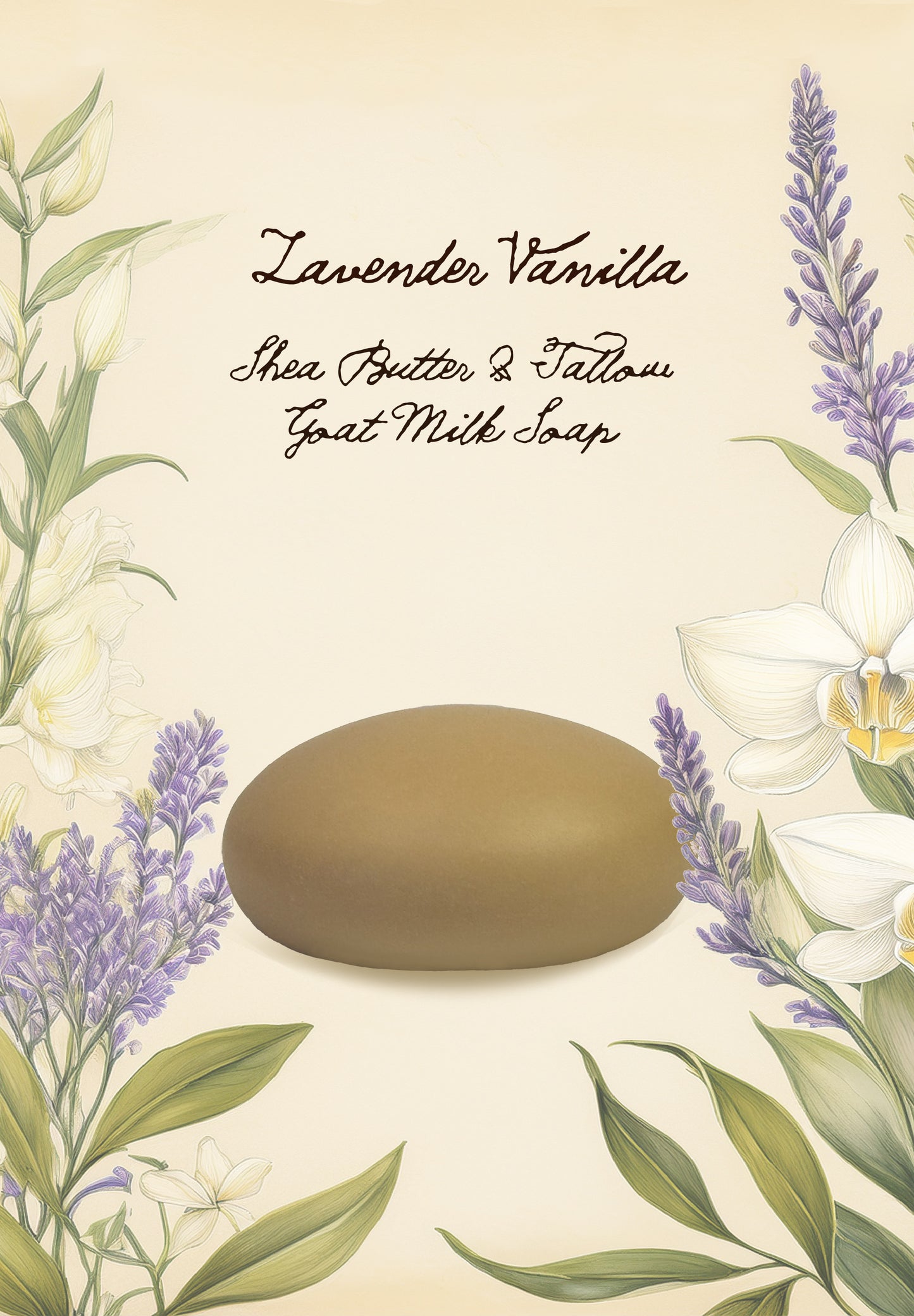 Lavender Vanilla handcrafted goat milk soap with botanical lavender and orchid illustration — creamy taupe bar on vintage botanical-style background.