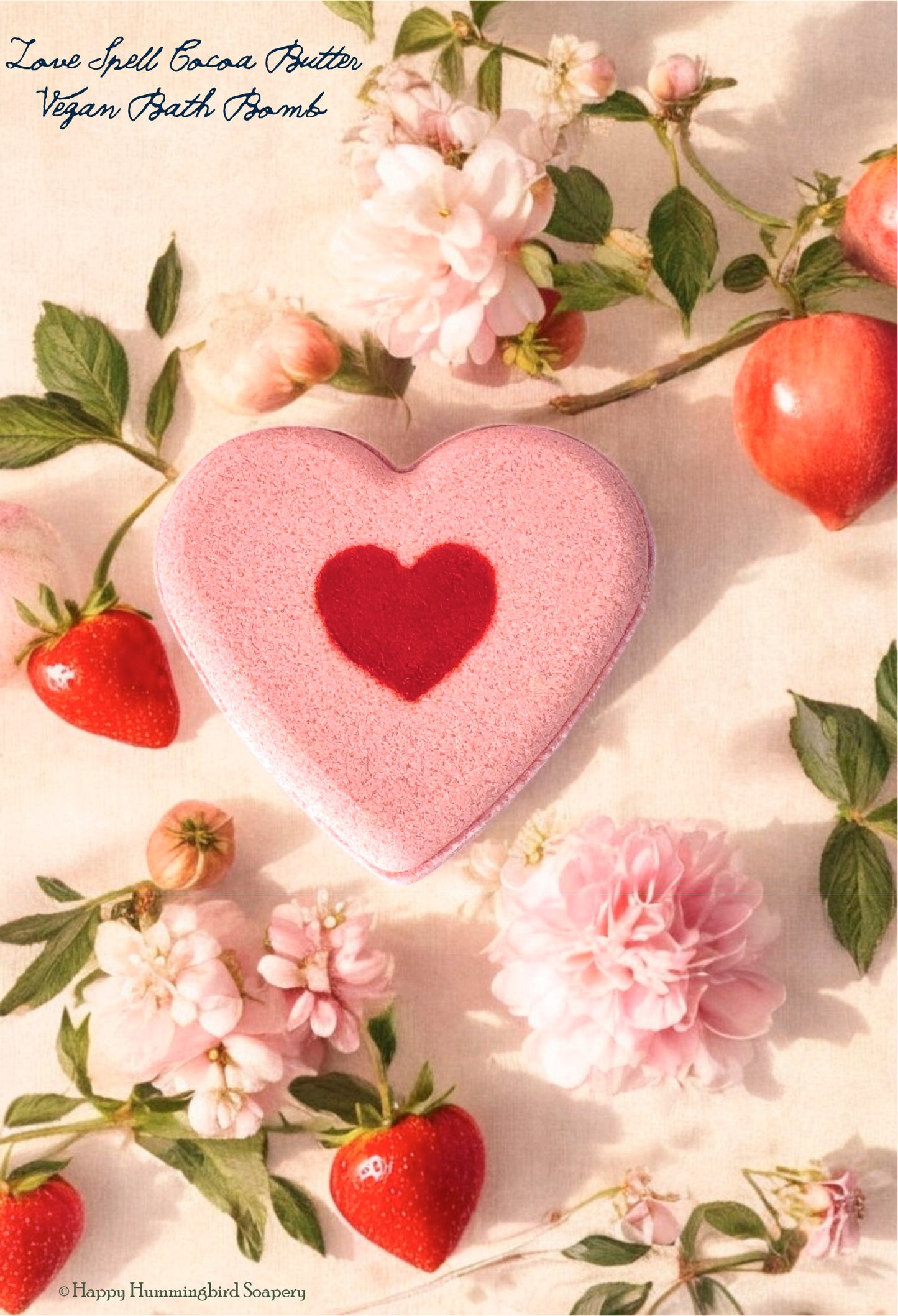 Heart-shaped pink bath bomb with Love Spell fragrance, infused with cocoa butter for a luxurious, fragrant bath experience.