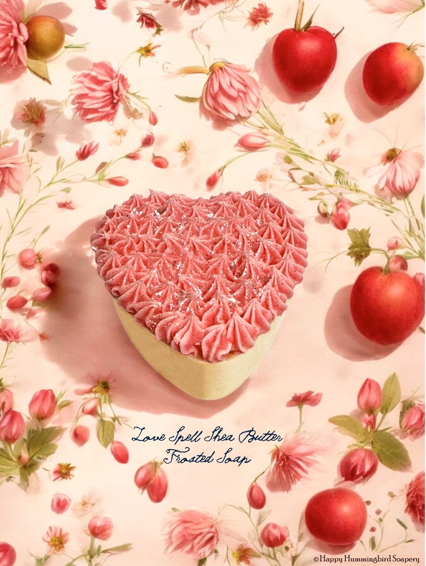 Handmade Love Spell Shea Butter Frosted Heart Soap with a peach, cherry blossom, jasmine scent, & sparkly pink frosting.