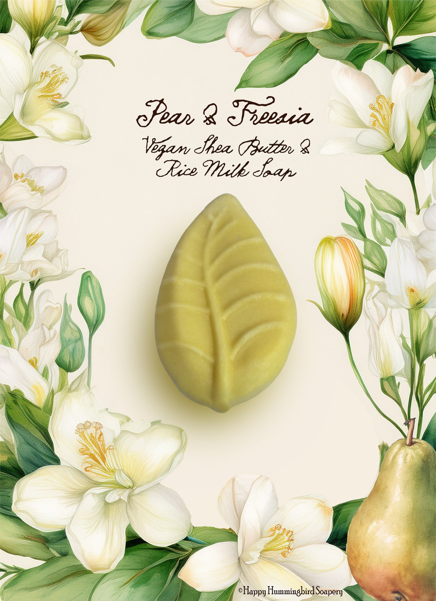 Pear & Freesia Vegan Shea Butter leaf-shaped soap bar with botanical illustration – Happy Hummingbird Soapery