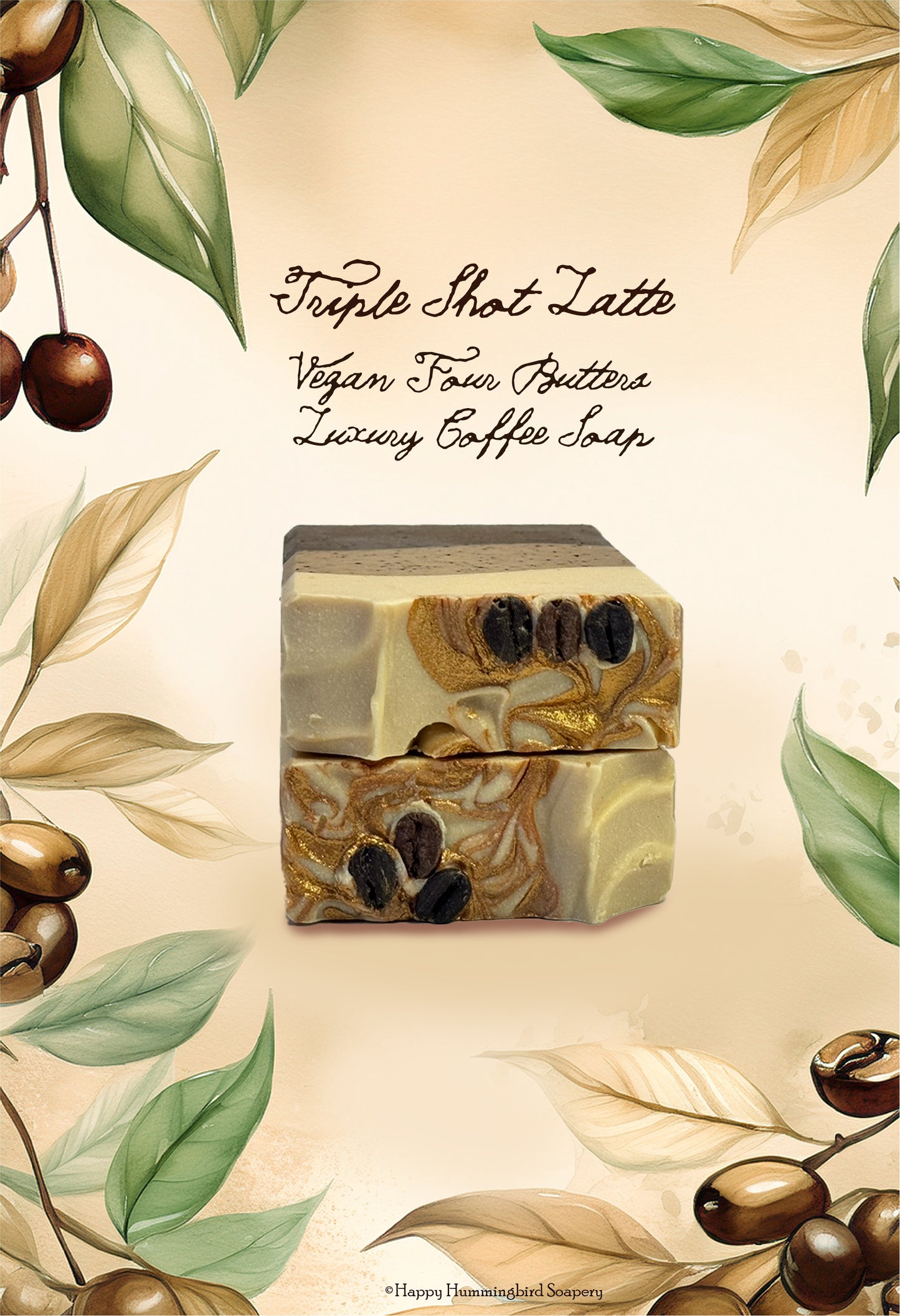 Two stacked Triple Shot Latte coffee soap bars showing gold mica swirl and soap coffee-beans — Happy Hummingbird Soapery.