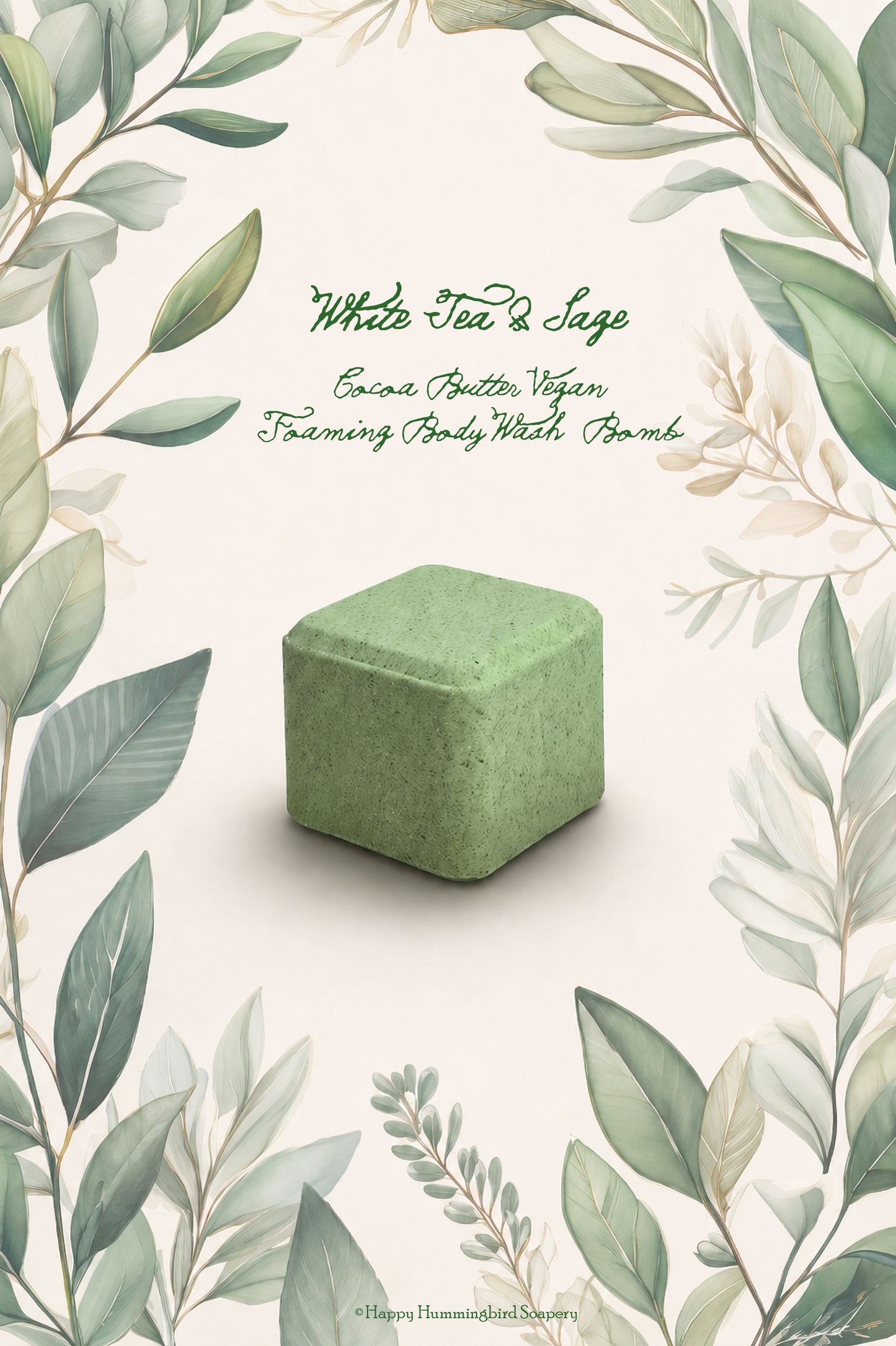 Square green White Tea & Sage Foaming Body Wash Bomb with a speckled botanical texture, set against a leafy decorative border.