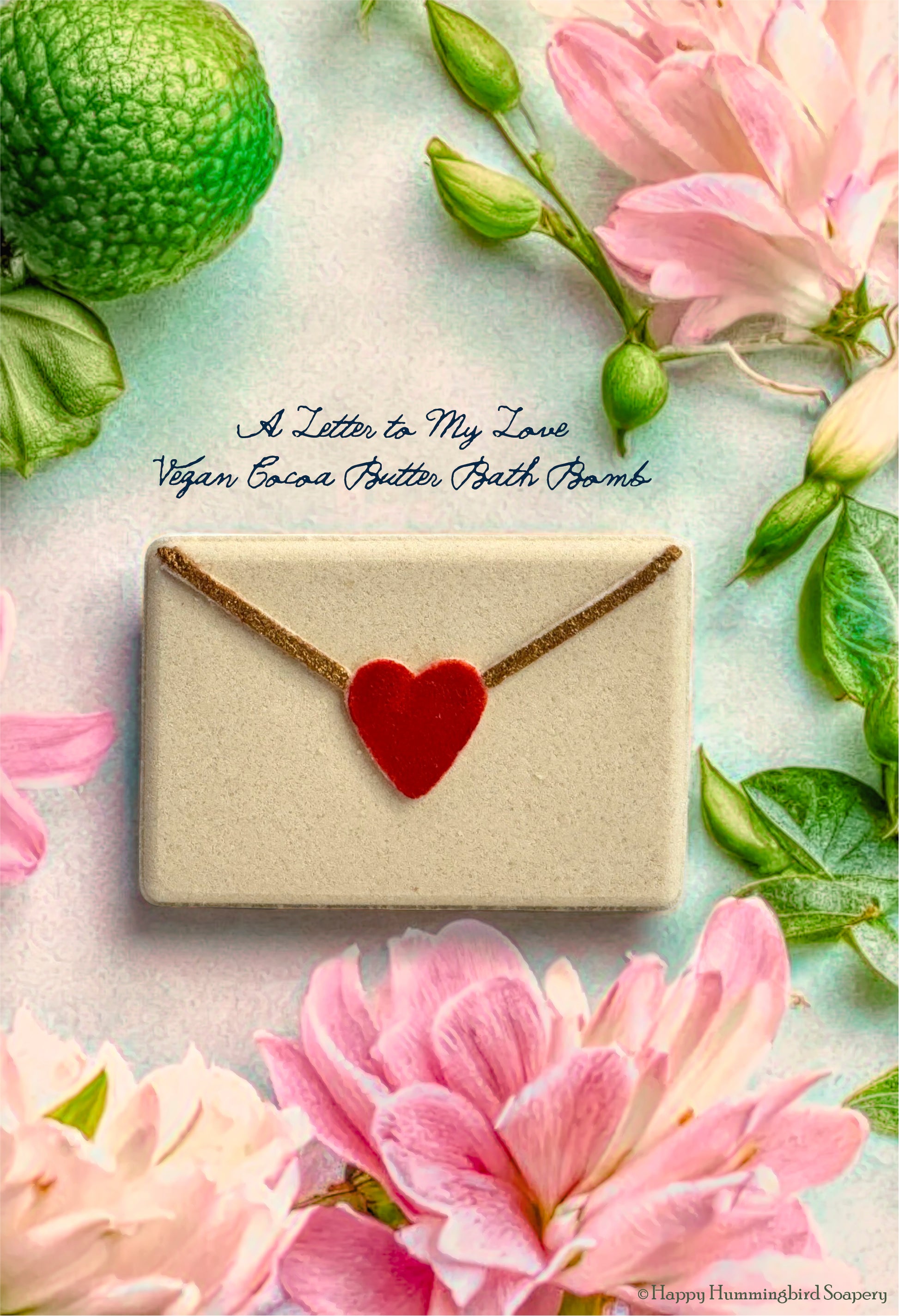 Unwind with a Love Letter Vegan Cocoa Butter bath bomb with bergamot, lemon, floral notes, ginger, nutmeg, and cedarwood, for a fresh and luxurious, aromatic soak.