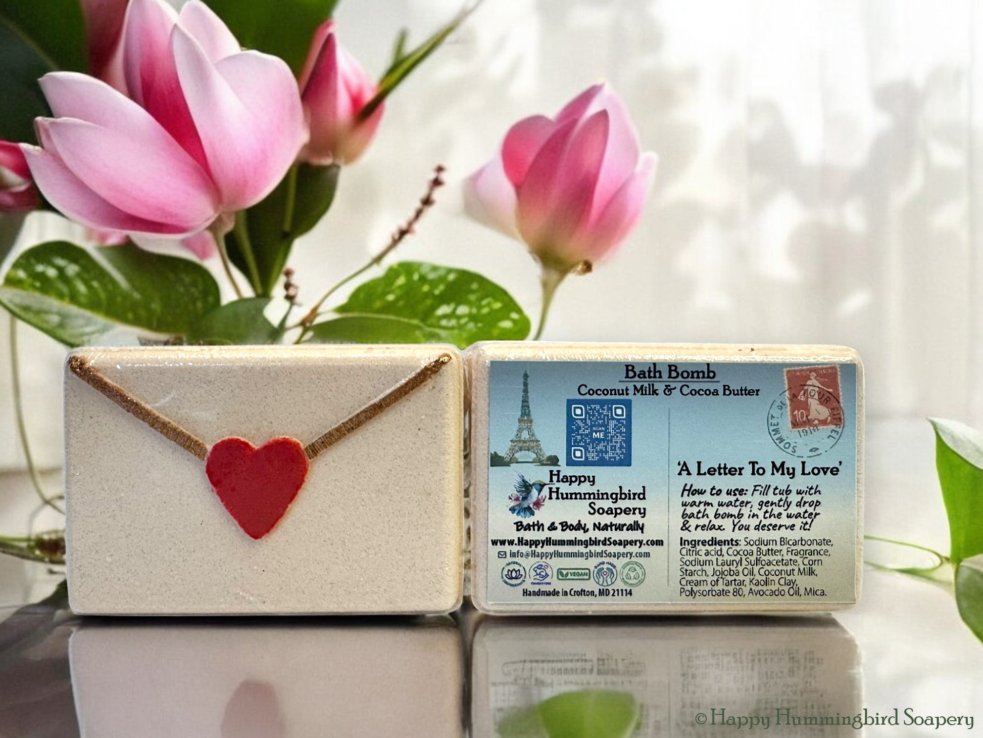 Unwind with a Love Letter Vegan Cocoa Butter bath bomb with bergamot, lemon, floral notes, ginger, nutmeg, and cedarwood, for a fresh and luxurious, aromatic soak.