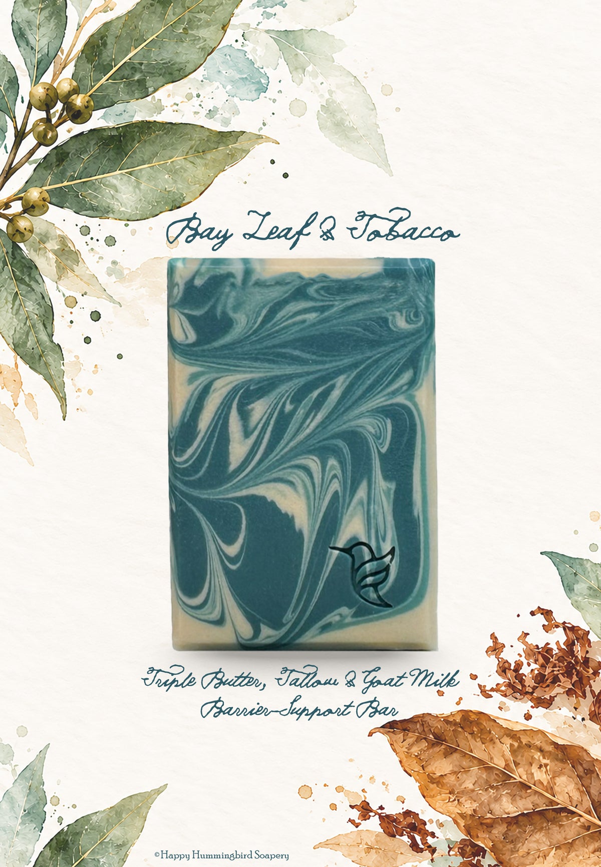 Handcrafted Bay Leaf & Tobacco triple butter tallow and goat milk soap with teal and ivory marbling, hummingbird maker's mark, and watercolor bay leaf and tobacco botanicals.