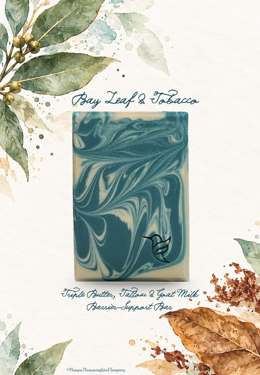 Handcrafted Bay Leaf & Tobacco triple butter tallow and goat milk soap with teal and ivory marbling, hummingbird maker's mark, and watercolor bay leaf and tobacco botanicals.