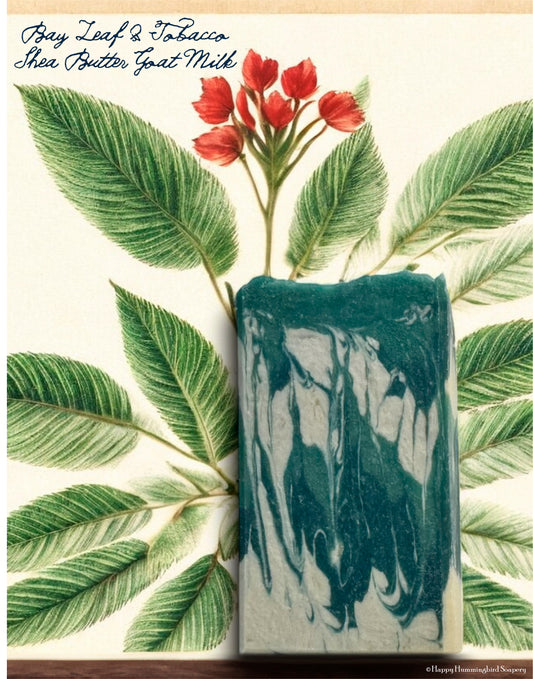 Bay Leaf & Tobacco Shea Butter Goat Milk Soap with uplifting scent notes of bay leaf, fir needle, cedarwood, bergamot, and the warm, rich essence of tobacco.