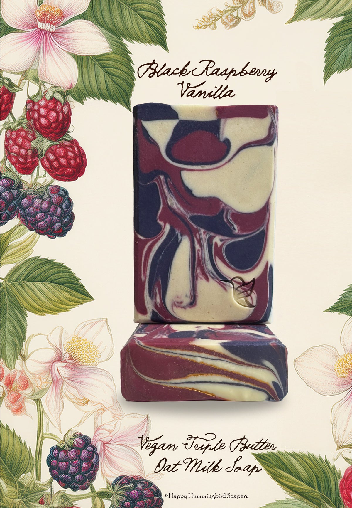 Two Swirled Bars of Handmade Black Raspberry Vanilla Vegan Triple Butter Oat Milk Soap with botanical berry illustration — Happy Hummingbird Soapery.