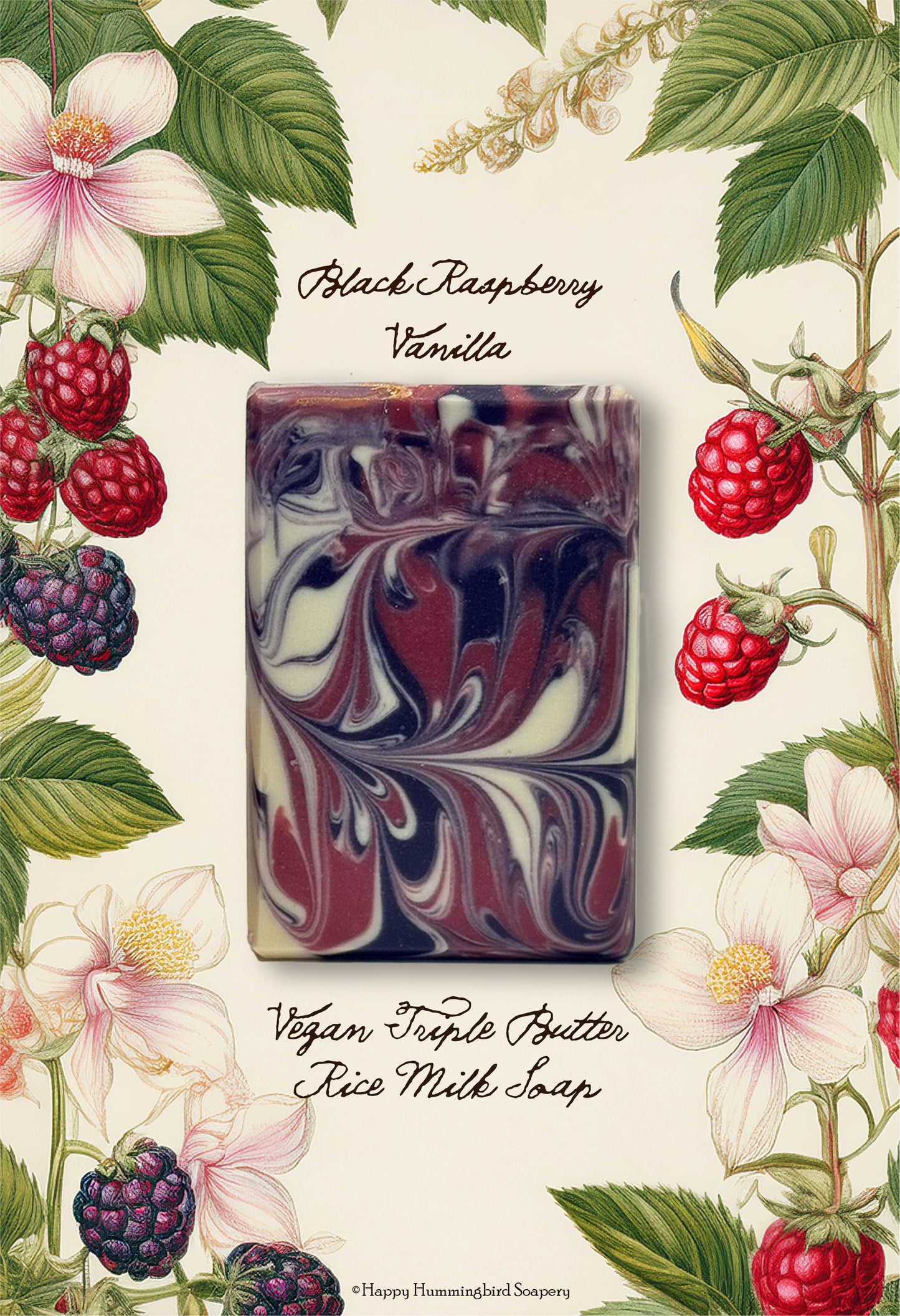 Handmade Black Raspberry Vanilla Vegan Triple Butter Soap with botanical berry illustration — Happy Hummingbird Soapery.
