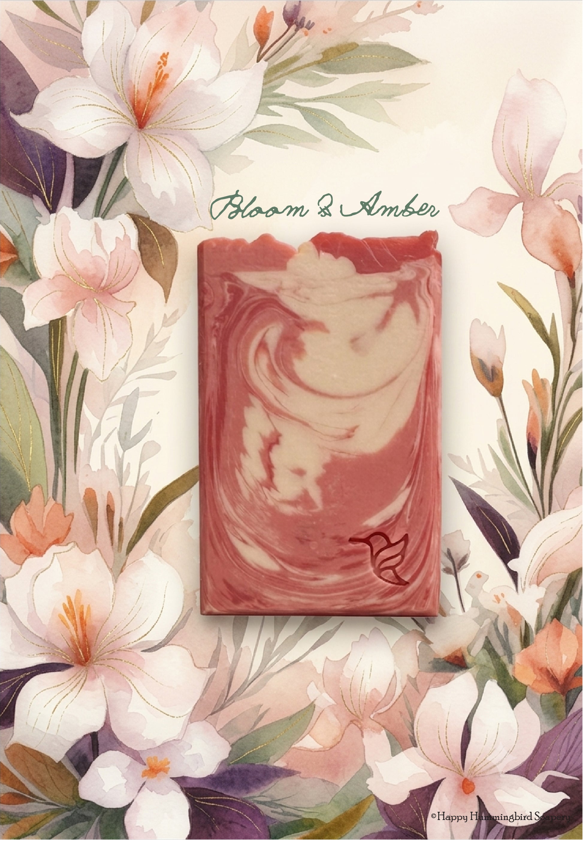 Bloom and Amber artisan soap bar with pink and cream marbling, displayed against a soft watercolor background of elegant irises and floral blooms.