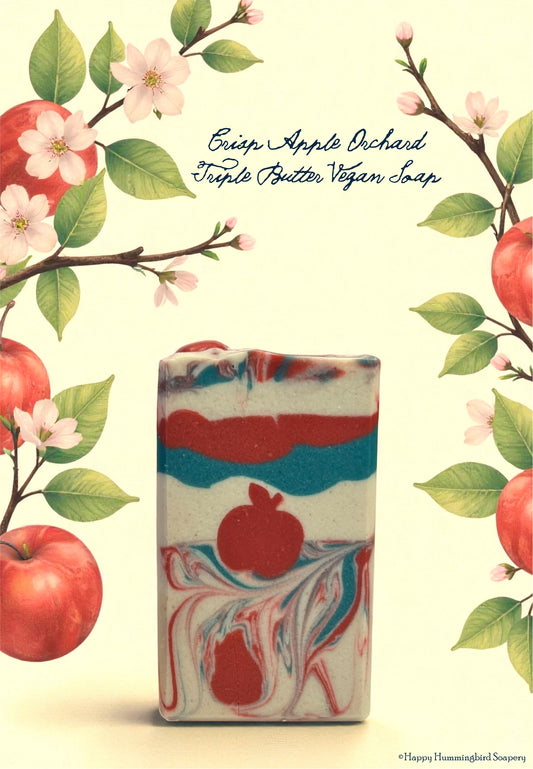 Crisp Apple Orchard Triple Butter Vegan Soap bar on an illustrated apple blossom background.
