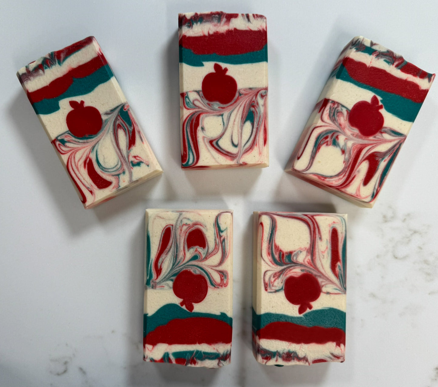 Crisp Apple Orchard Vegan Soap Bar, by Happy Hummingbird Soapery, group shot of five handcrafted artisan bars featuring Apple embeds arranged on a quartz background.