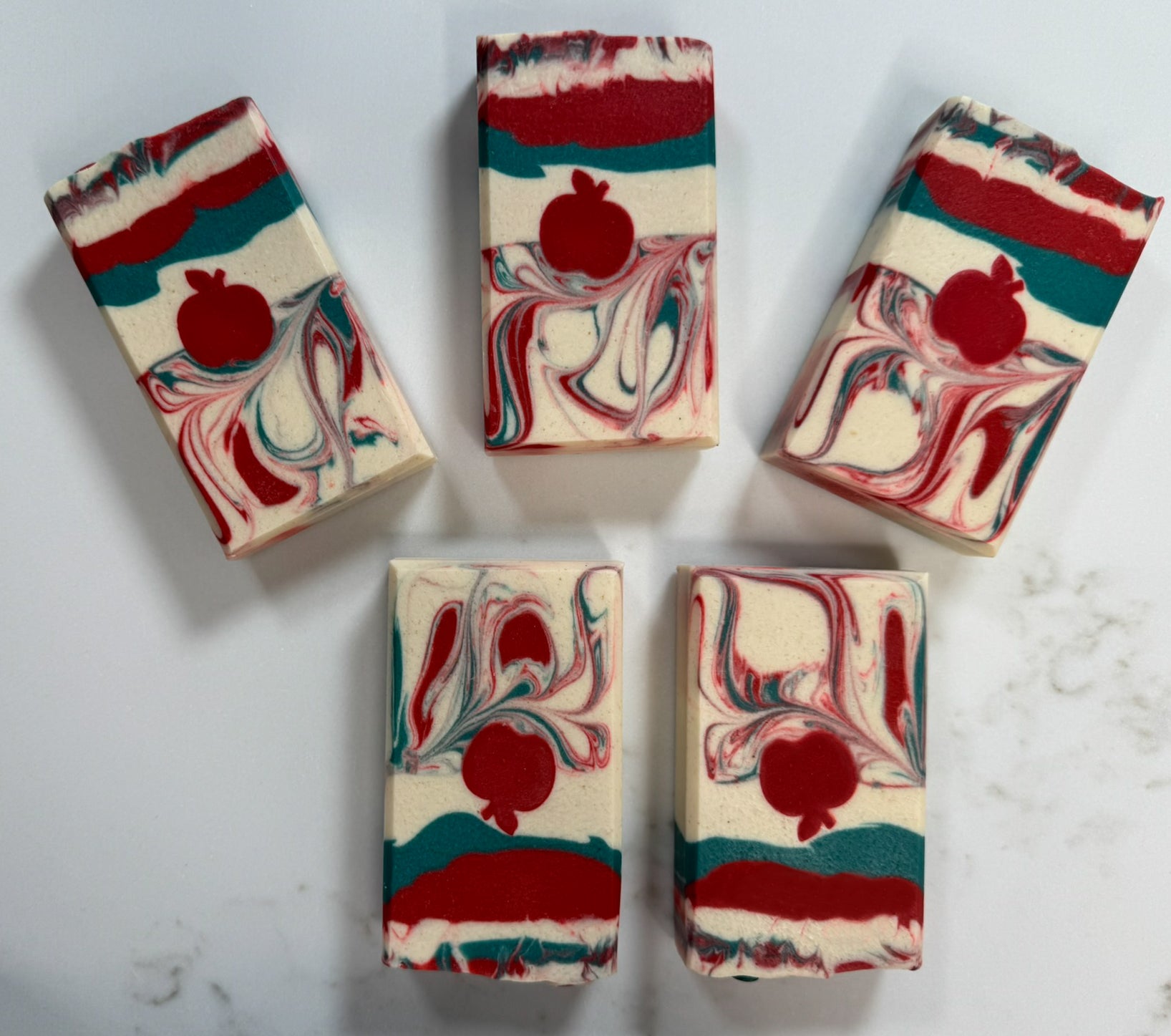 Crisp Apple Orchard Vegan Soap Bar, by Happy Hummingbird Soapery, group shot of five handcrafted artisan bars featuring Apple embeds arranged on a quartz background.