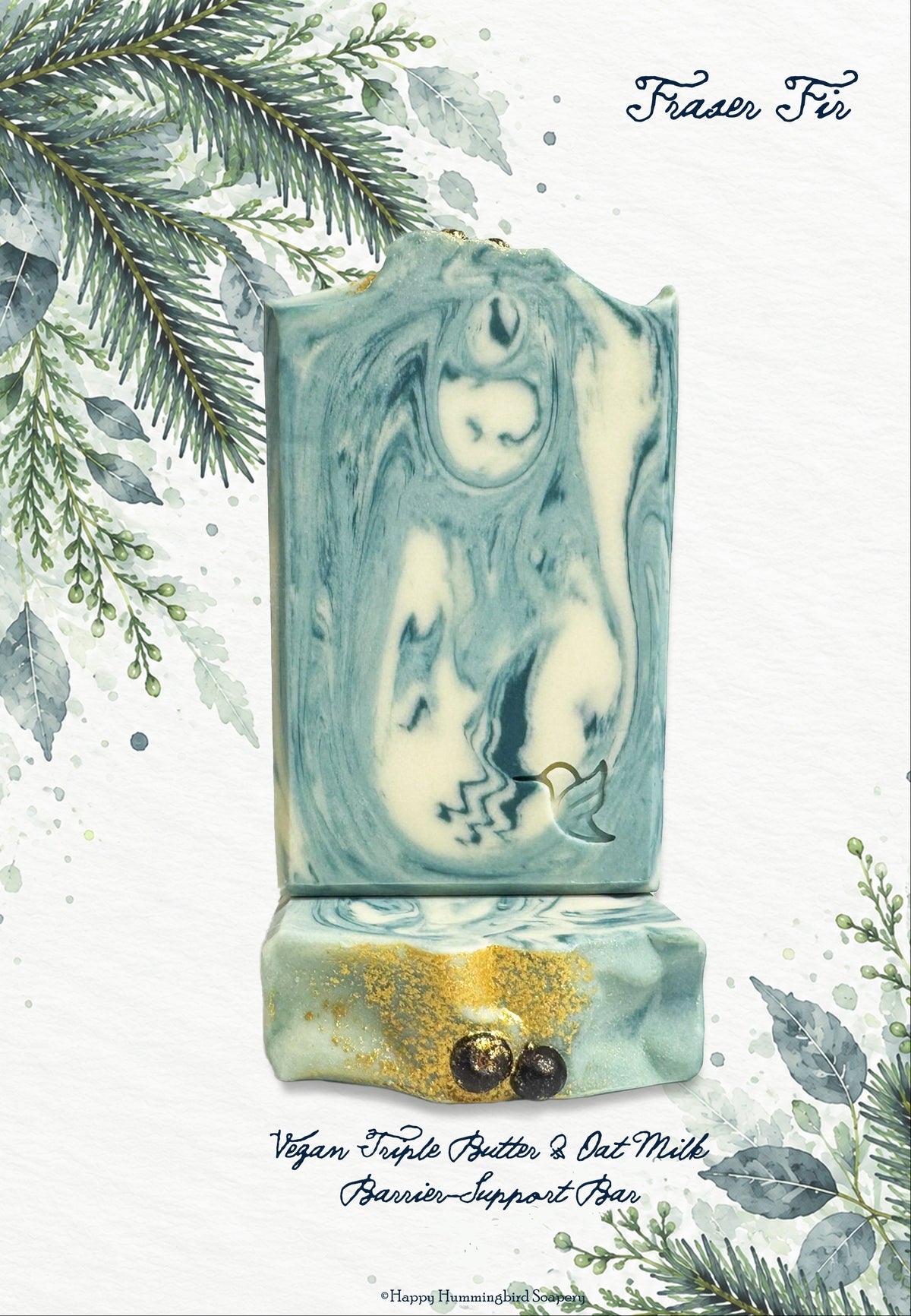 Handcrafted Fraser Fir vegan triple butter soap bar with teal and cream marble swirls, topped with whole juniper berries and gold mica, stamped with the Happy Hummingbird Soapery logo.