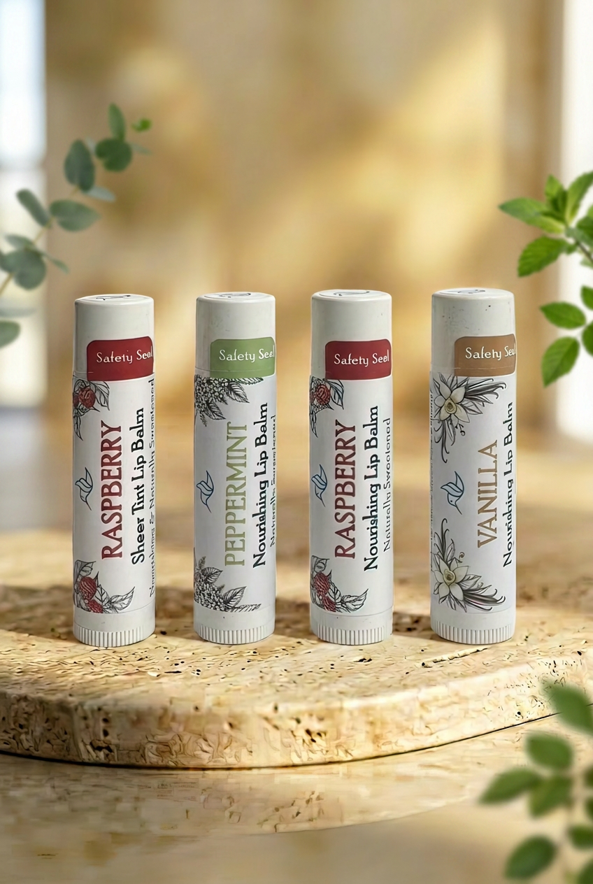 Handcrafted lip balm collection by Happy Hummingbird Soapery, featuring Raspberry, Peppermint, Vanilla, and natural varieties.