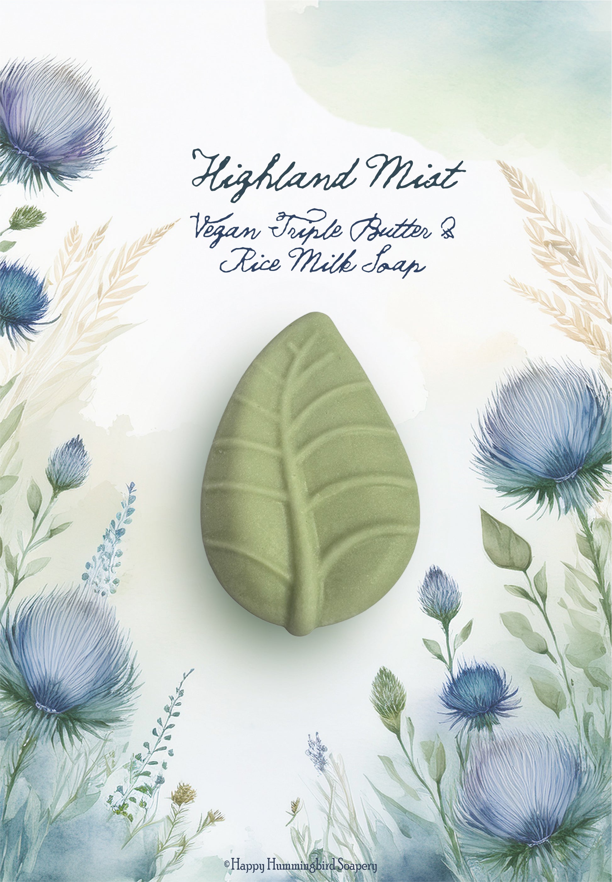 Highland Mist leaf-shaped vegan triple butter rice milk soap on a botanical illustration background – Happy Hummingbird Soapery.