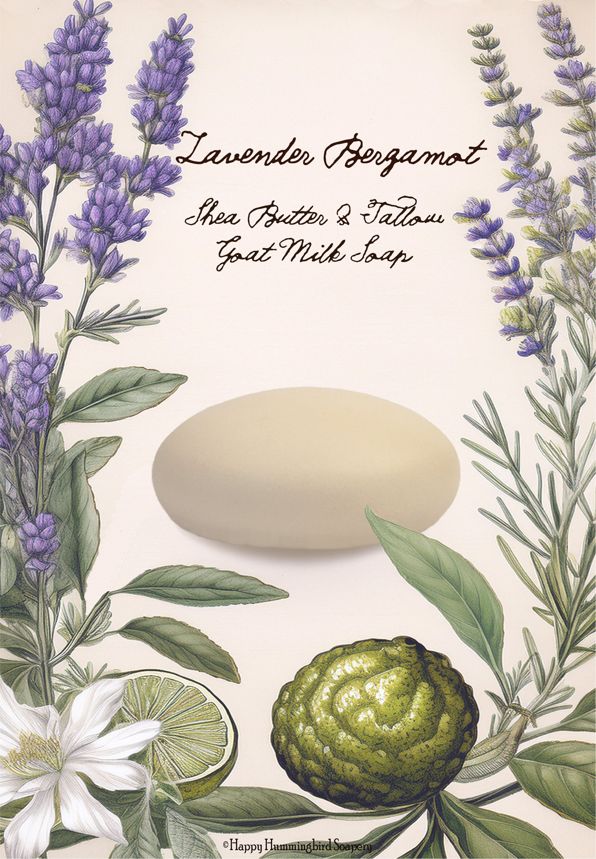 Lavender Bergamot goat milk soap with botanical lavender and citrus bergamot illustration.