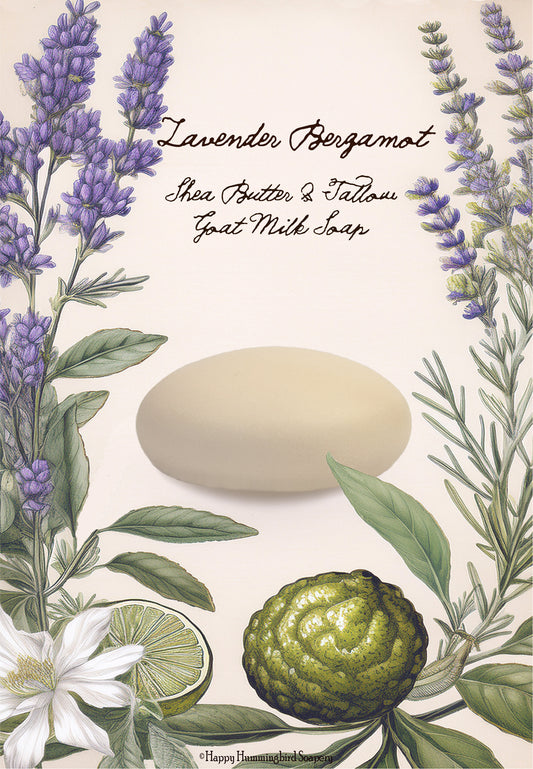 Lavender Bergamot goat milk soap with botanical lavender and citrus bergamot illustration.
