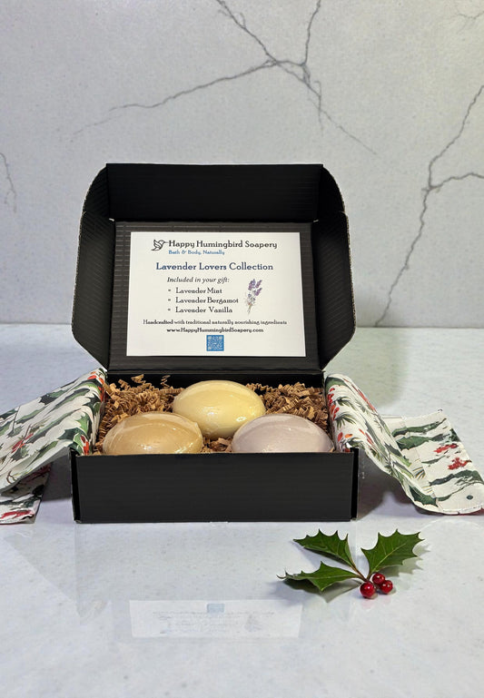 Lavender Lovers three-soap cabochon gift set in black box with crinkle fill and lavender insert card — Happy Hummingbird Soapery.