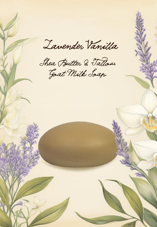 Lavender Vanilla handcrafted goat milk soap with botanical lavender and orchid illustration — creamy taupe bar on vintage botanical-style background.