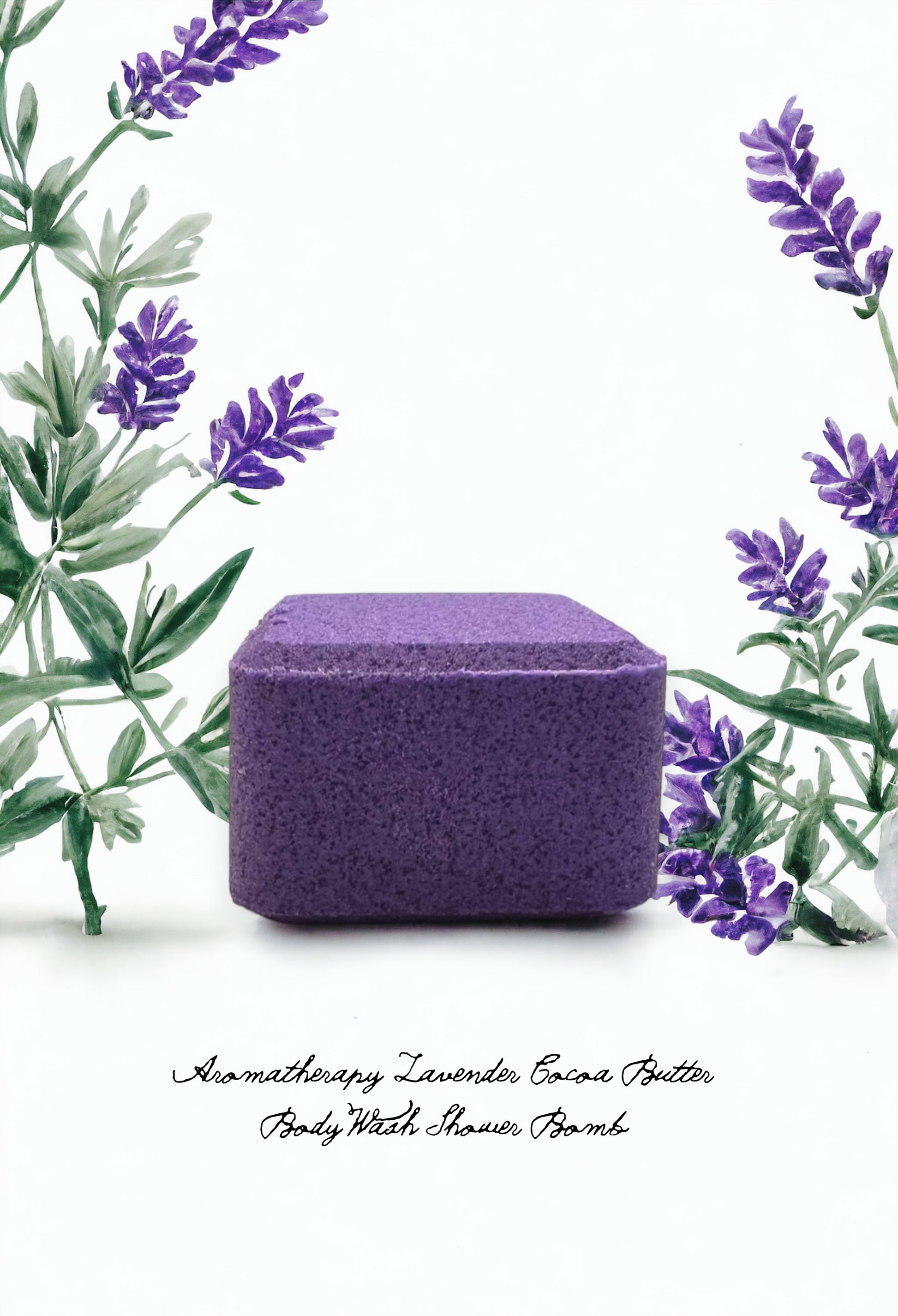 Handmade Lavender Aromatherapy Cocoa Butter shower bomb with skin moisturizing oils and Apricot seeds for a luxurious exfoliating experience