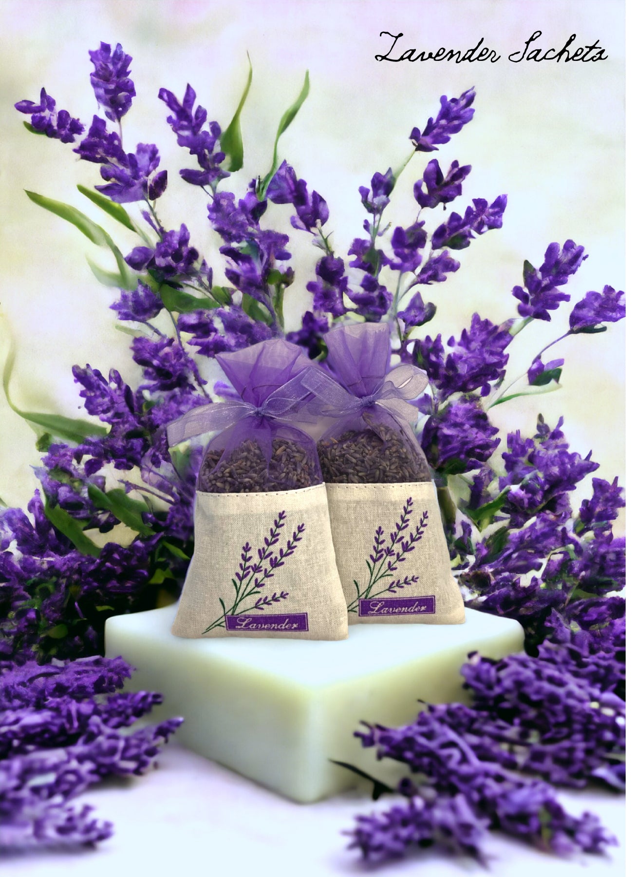 Handmade Lavender sachets containing aromatic lavender flower buds in a pretty fabric bag