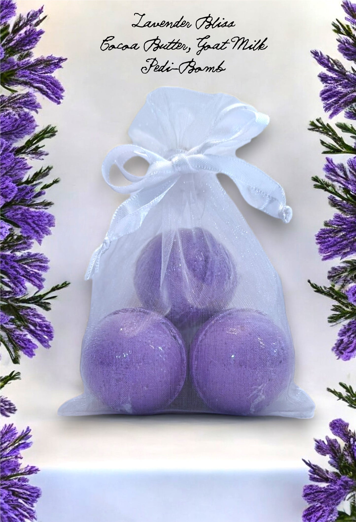 3 pastel purple Lavender Bliss Pedi Bombs in a white organza and silk bag, surrounded by fresh lavender flowers.