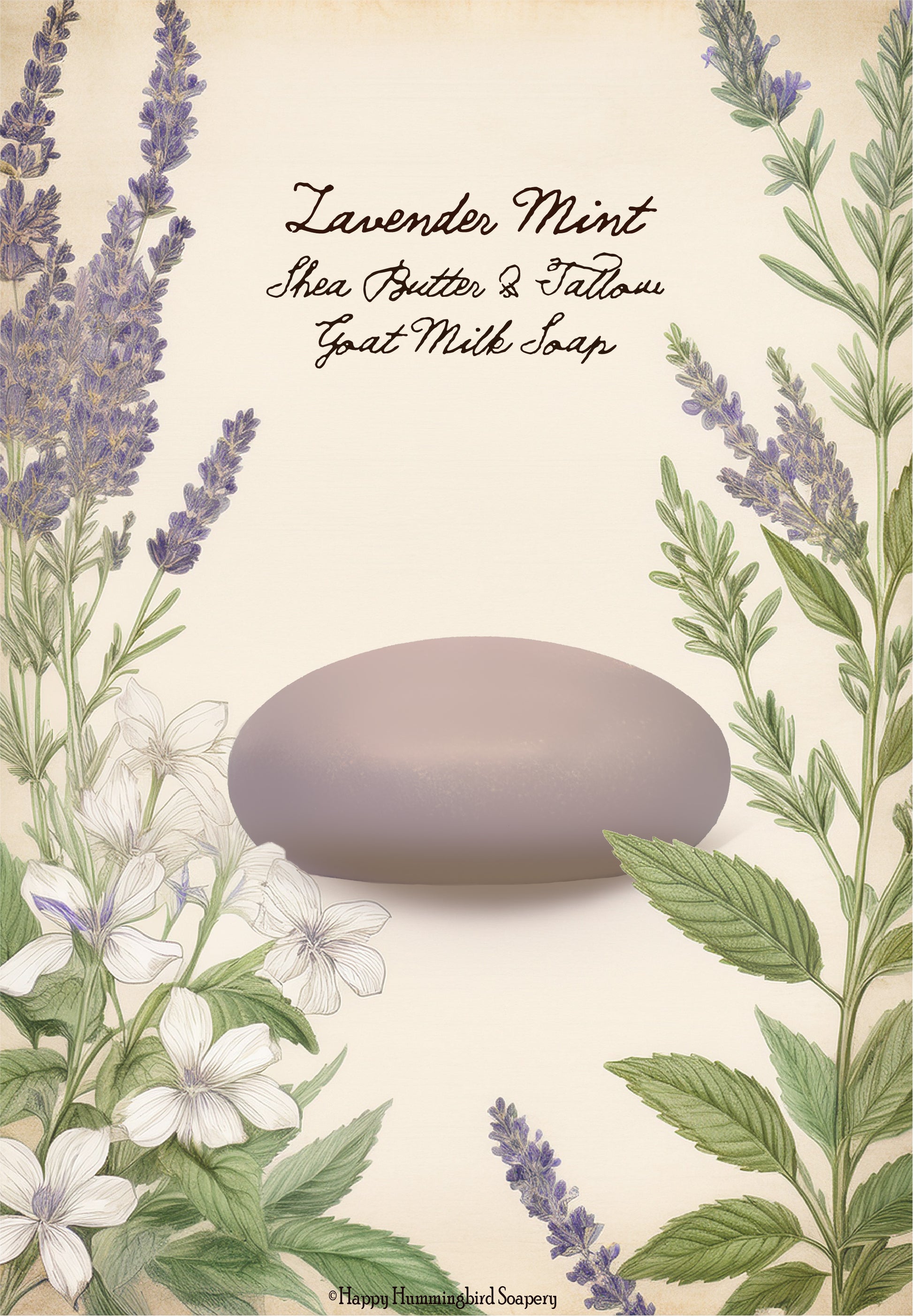 Lavender Mint handcrafted goat milk soap bar with botanical lavender-mint design on a clean white background.