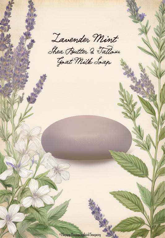 Lavender Mint handcrafted goat milk soap bar with botanical lavender-mint design on a clean white background.