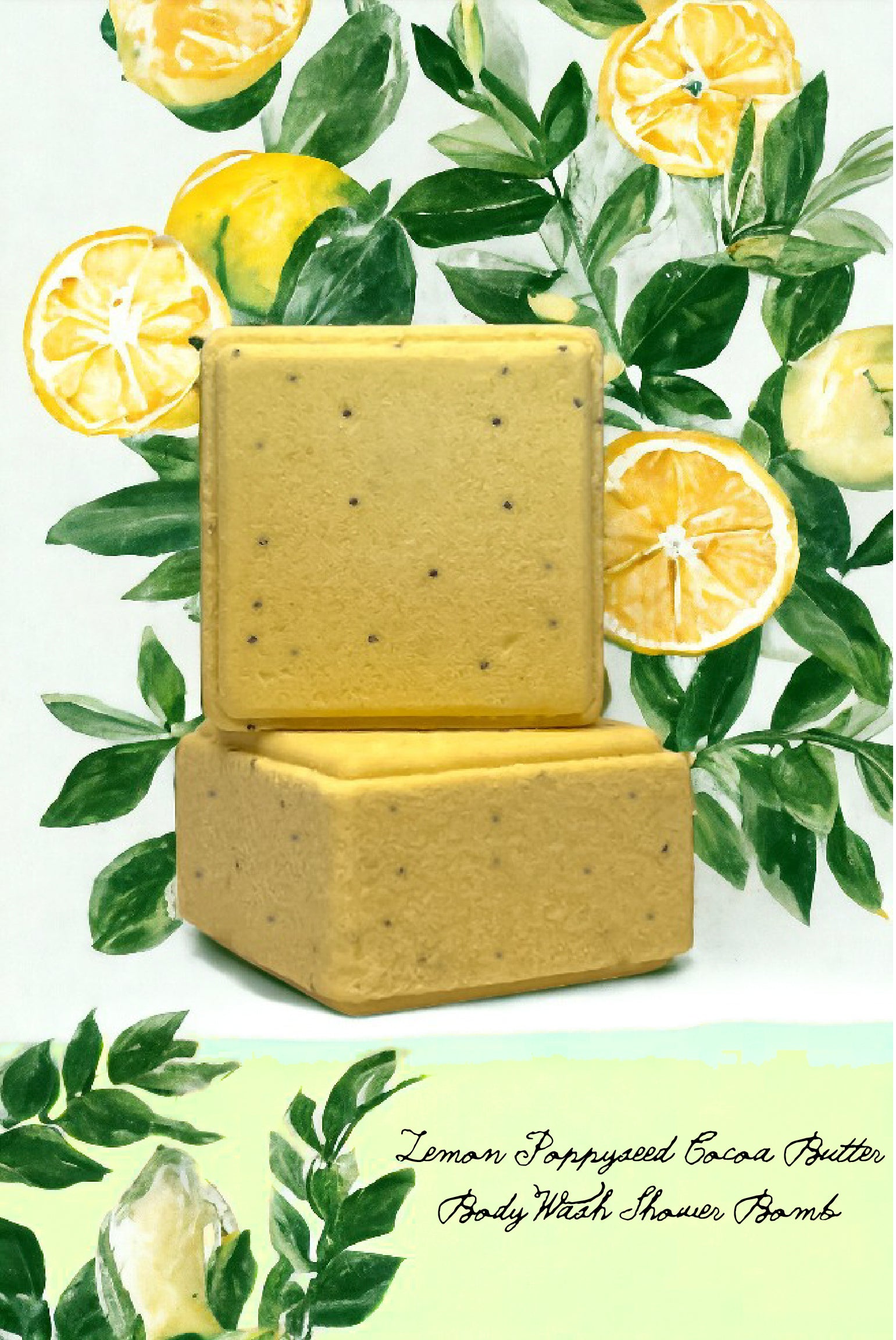 Handmade Lemon Poppyseed Aromatherapy Cocoa Butter shower bomb with skin moisturizing oils and butters for a refreshing, exfoliating experience!