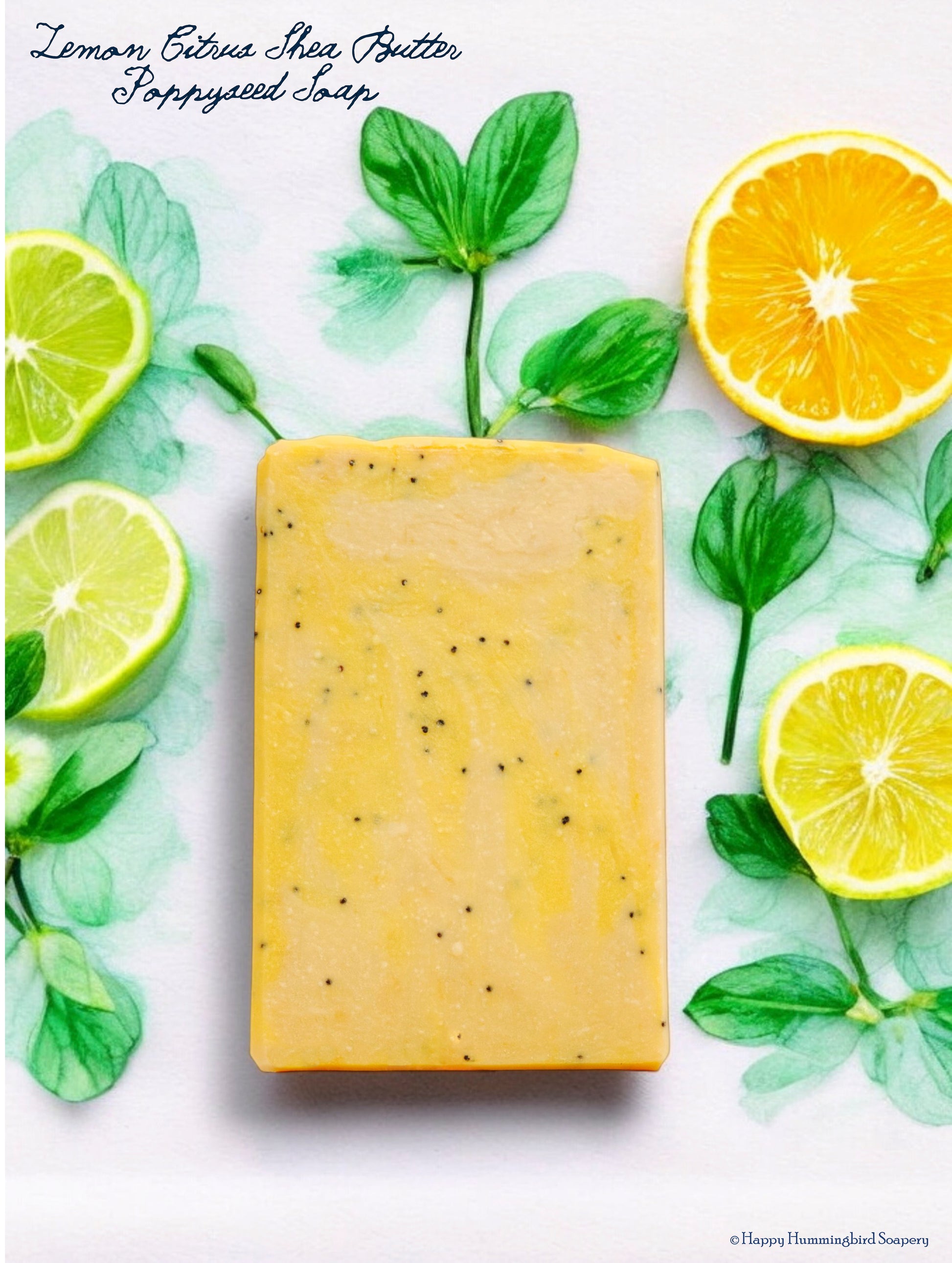 Lemon and Orange Citrus Shea Butter Poppyseed Goat Milk Soap: Refreshing citrus soap with moisturizing shea butter, creamy goat milk, and gently exfoliating poppy seeds.