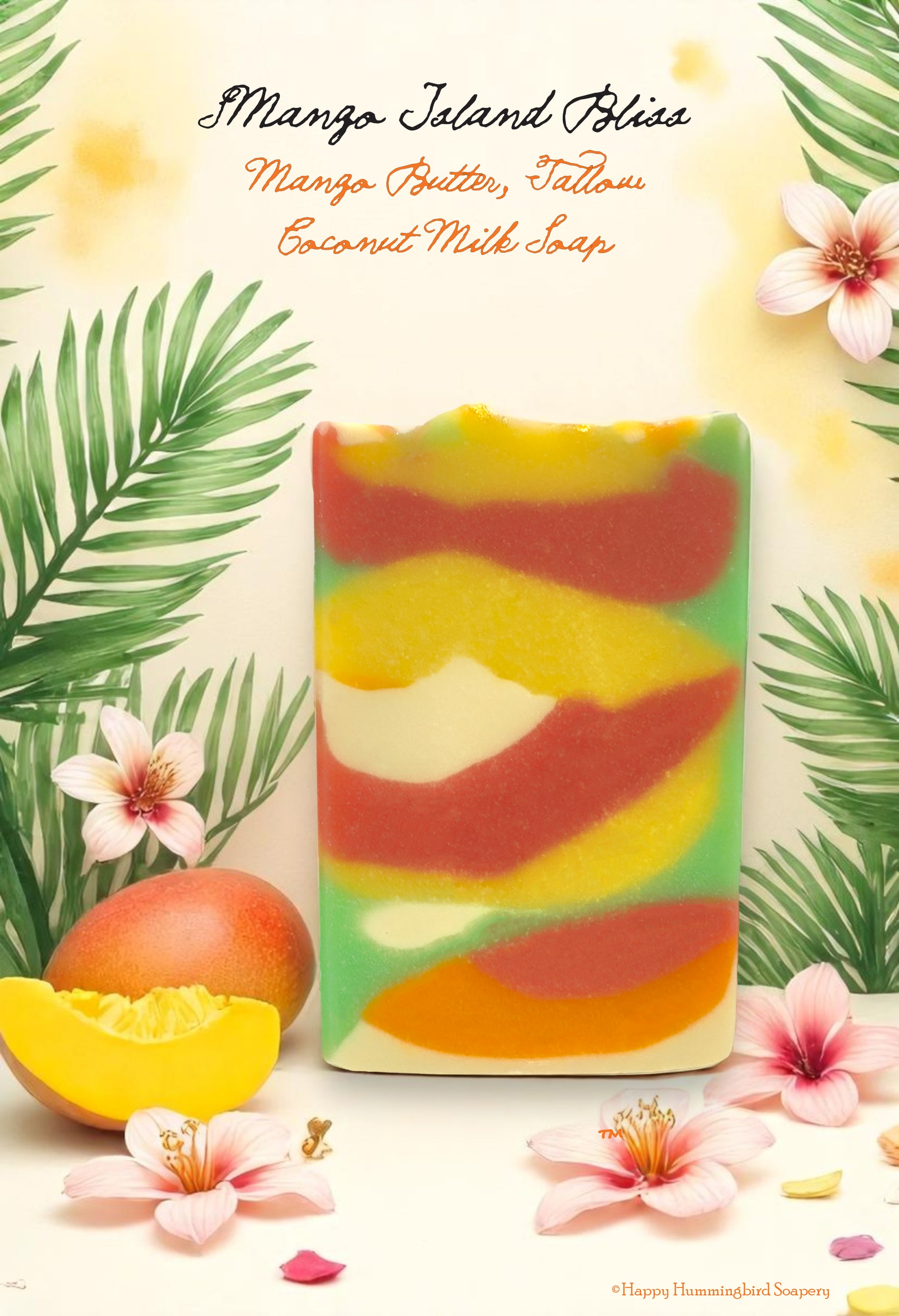 Mango Island Bliss soap bar with tropical swirl design, made with tallow, mango butter, coconut milk, and aloe.