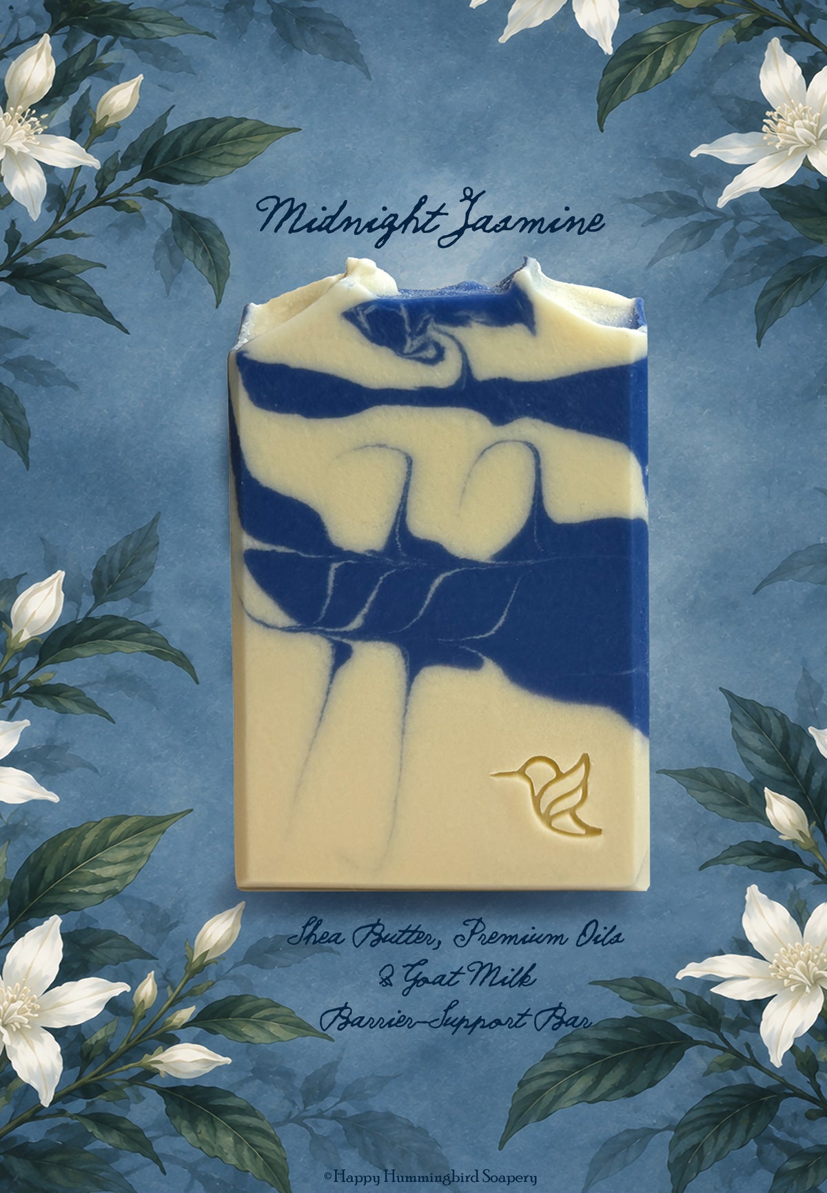 Midnight Jasmine cold-process goat milk soap bar featuring a blue and cream swirl design, stamped with Happy Hummingbird Soapery logo, on botanical watercolor night jasmine blossoms. 