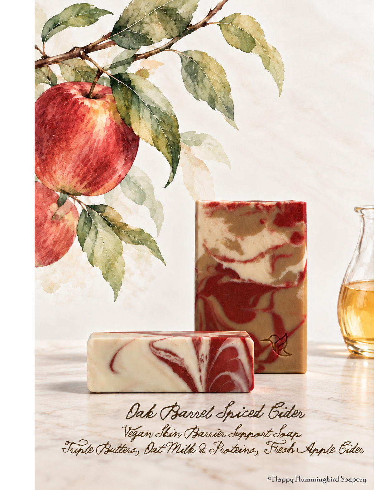 Handcrafted Oak Barrel Spiced Cider cold process soap bars with marbled golden cider, red and cream swirl and a stamped hummingbird logo, displayed on a botanical watercolor background.
