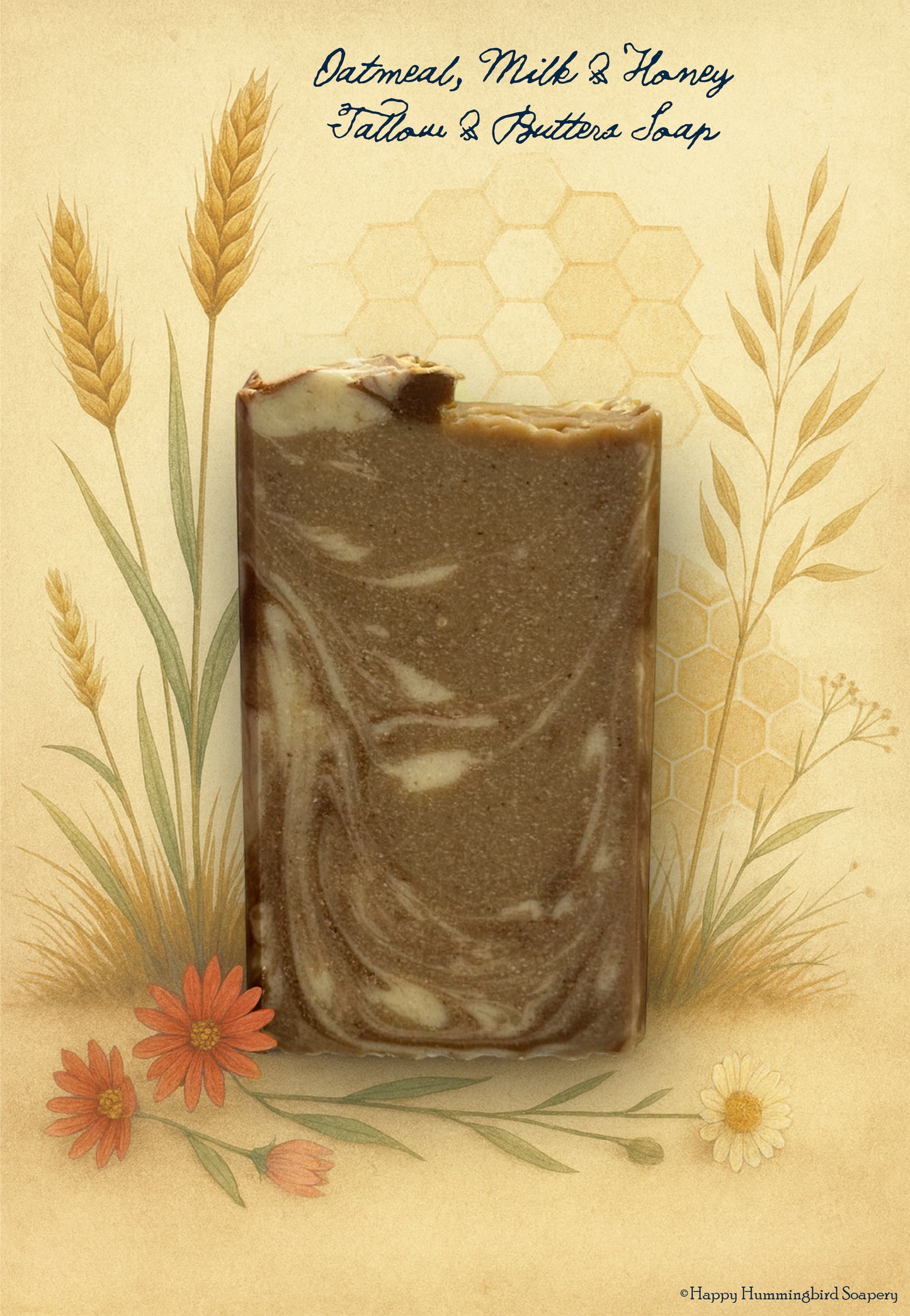 Handcrafted Oatmeal, Milk & Honey soap bar with creamy brown swirls, set against a vintage botanical background with oat, flowers, and honeycomb accents.