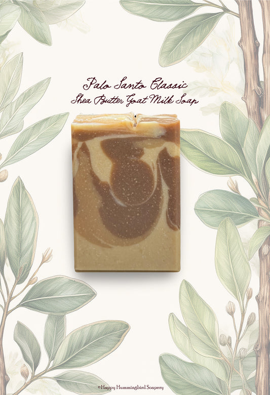 Happy Hummingbird Soapery Palo Santo soap bar with botanical cocoa swirls, Tallow, Shea, and Kokum butter for a grounding skincare ritual.