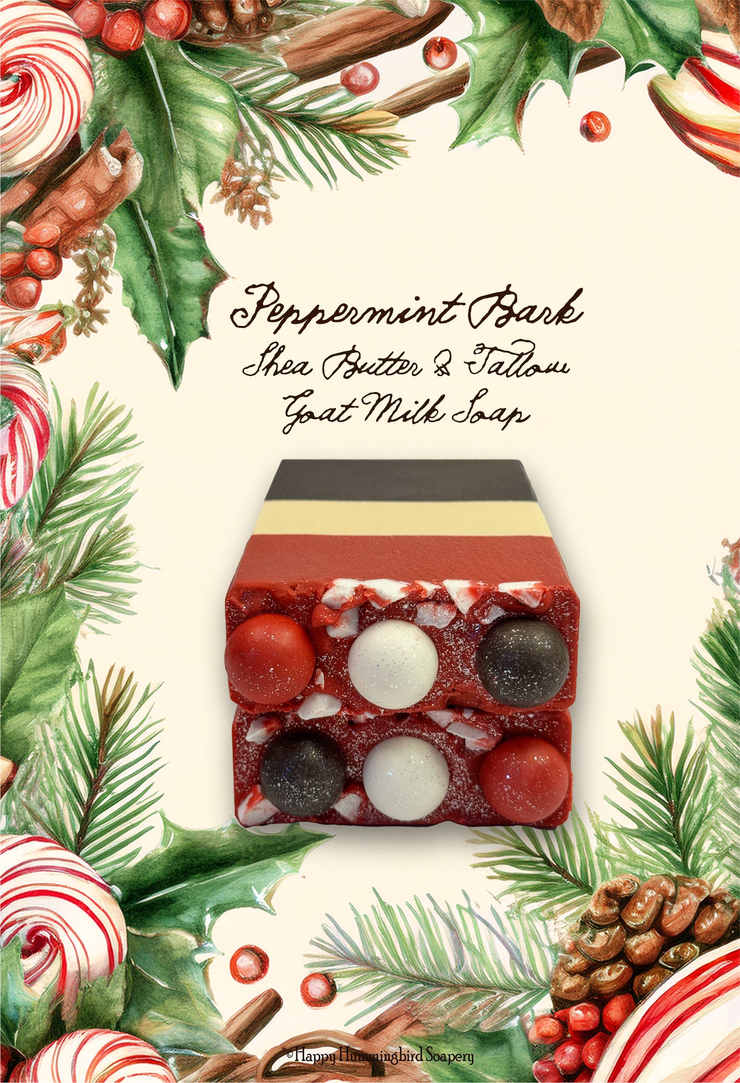 Handcrafted Peppermint Bark holiday soap with vintage Christmas botanical background — Happy Hummingbird Soapery