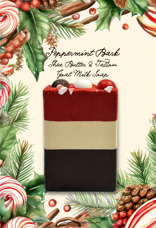 Handcrafted Peppermint Bark holiday soap with vintage Christmas botanical background — Happy Hummingbird Soapery