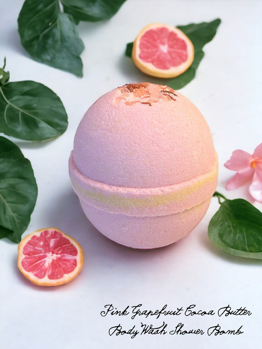 Handmade Pink Grapefruit Aromatherapy Cocoa Butter bath bomb with a sweet, deliciously refreshing citrus scent for a skin-nourishing bathing experience.