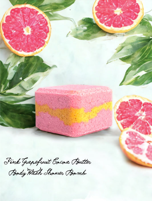 Handmade Pink Grapefruit Aromatherapy Cocoa Butter body wash shower bomb with skin moisturizing oils and butters for a refreshing, exfoliating experience!