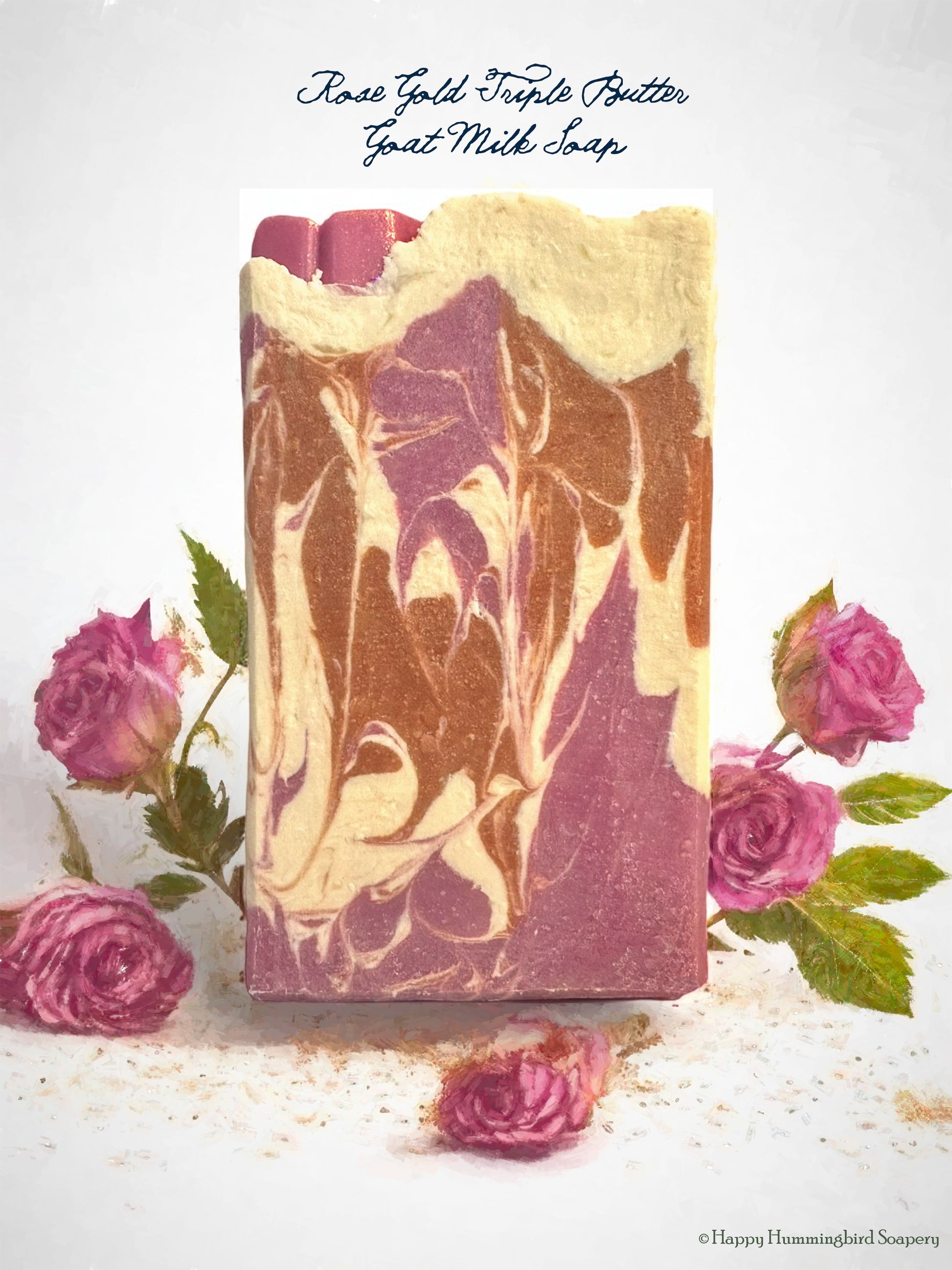 Handmade, luxurious Rose Gold Triple Butter Goat Milk soap with our lovely English Summer Rose Garden fragrance.