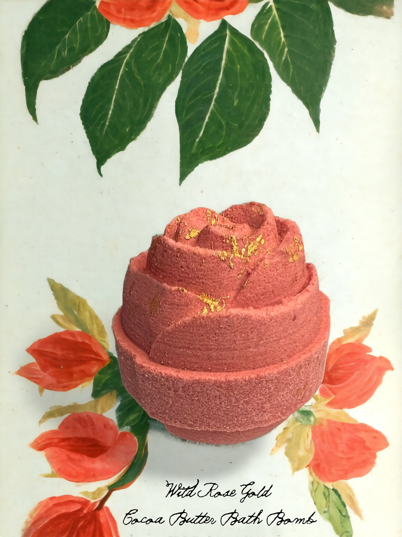 Handmade, visually enchanting Wild Rose Gold Bath Bomb with hydrating Cocoa Butter, Goat’s Milk for a sensuous Rose-scented bath.