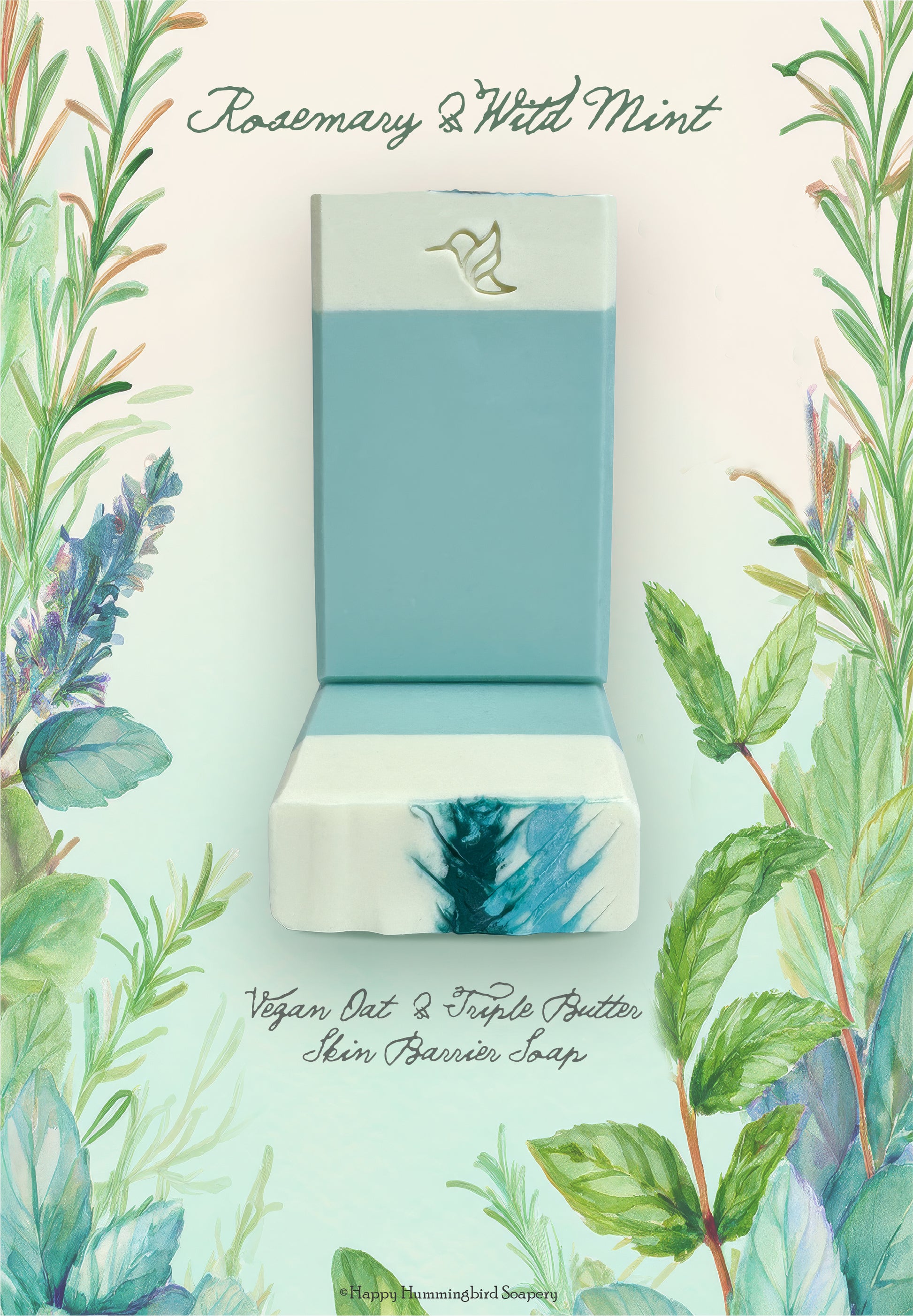 Two teal and cream Rosemary Mint soap bars showing a stamped logo and textured top on a watercolor botanical background.