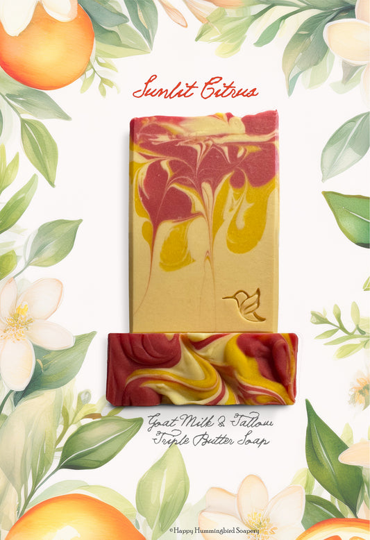 Sunlit Citrus goat milk and tallow barrier-support soap with bright citrus botanical artwork and pink grapefruit inspired swirls.