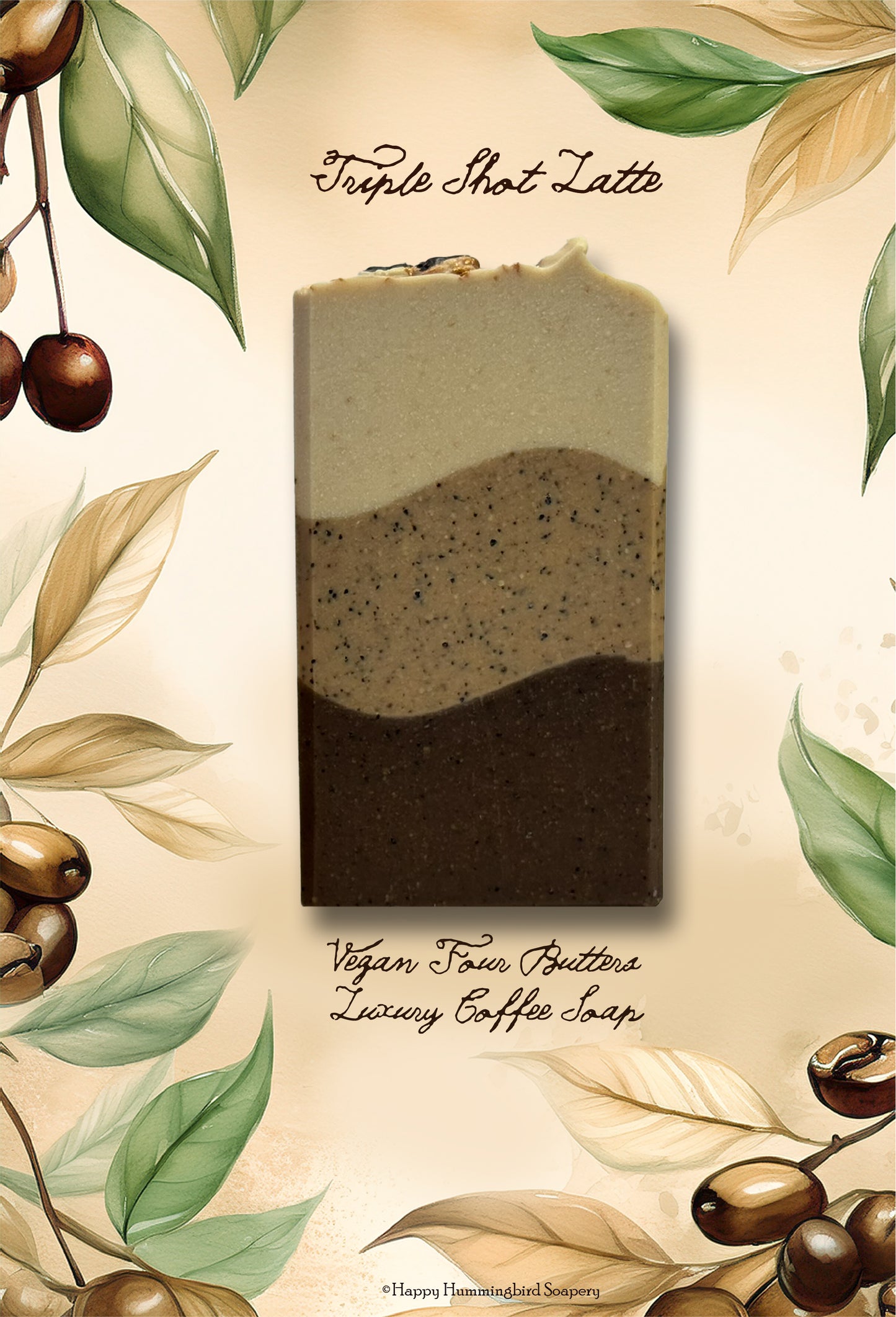 Handcrafted Triple Shot Latte vegan coffee soap bar with botanical vignette background — Happy Hummingbird Soapery