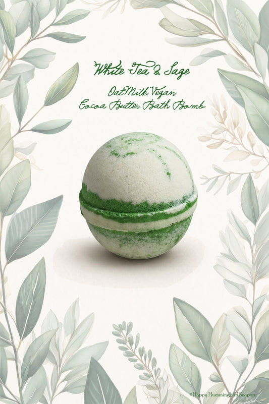 Close-up of the spherical White Tea & Sage Oat Milk Bath Bomb with natural green and white swirls, set within the signature botanical border by Happy Hummingbird Soapery