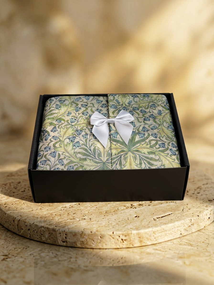 White Tea & Sage black premium gift box with floral tissue paper covering bath products, resting on a travertine stone surface.