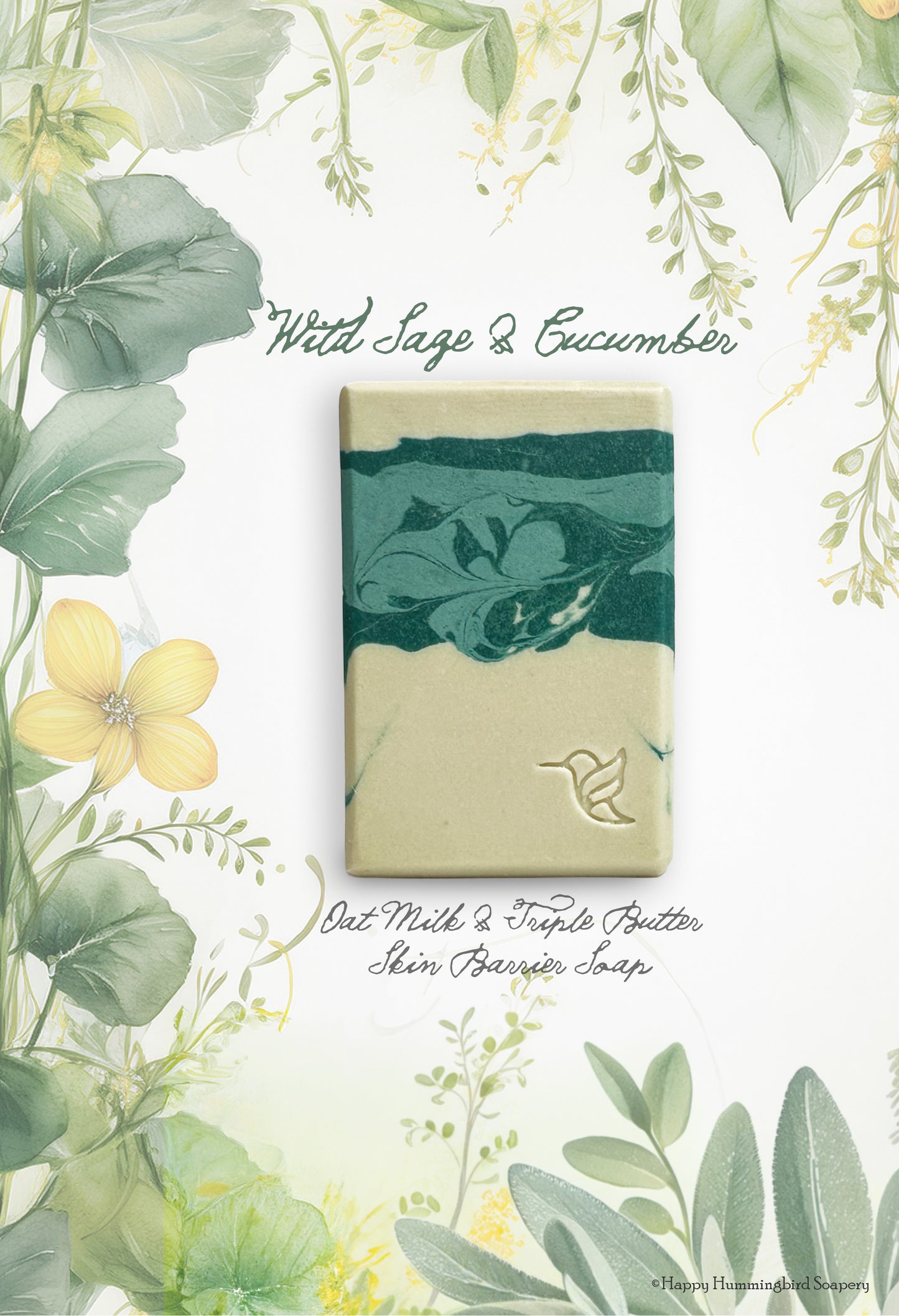 Handcrafted Wild Sage and Cucumber cold process soap bar with a marbled forest green swirl and a stamped hummingbird logo, displayed on a botanical watercolor background.