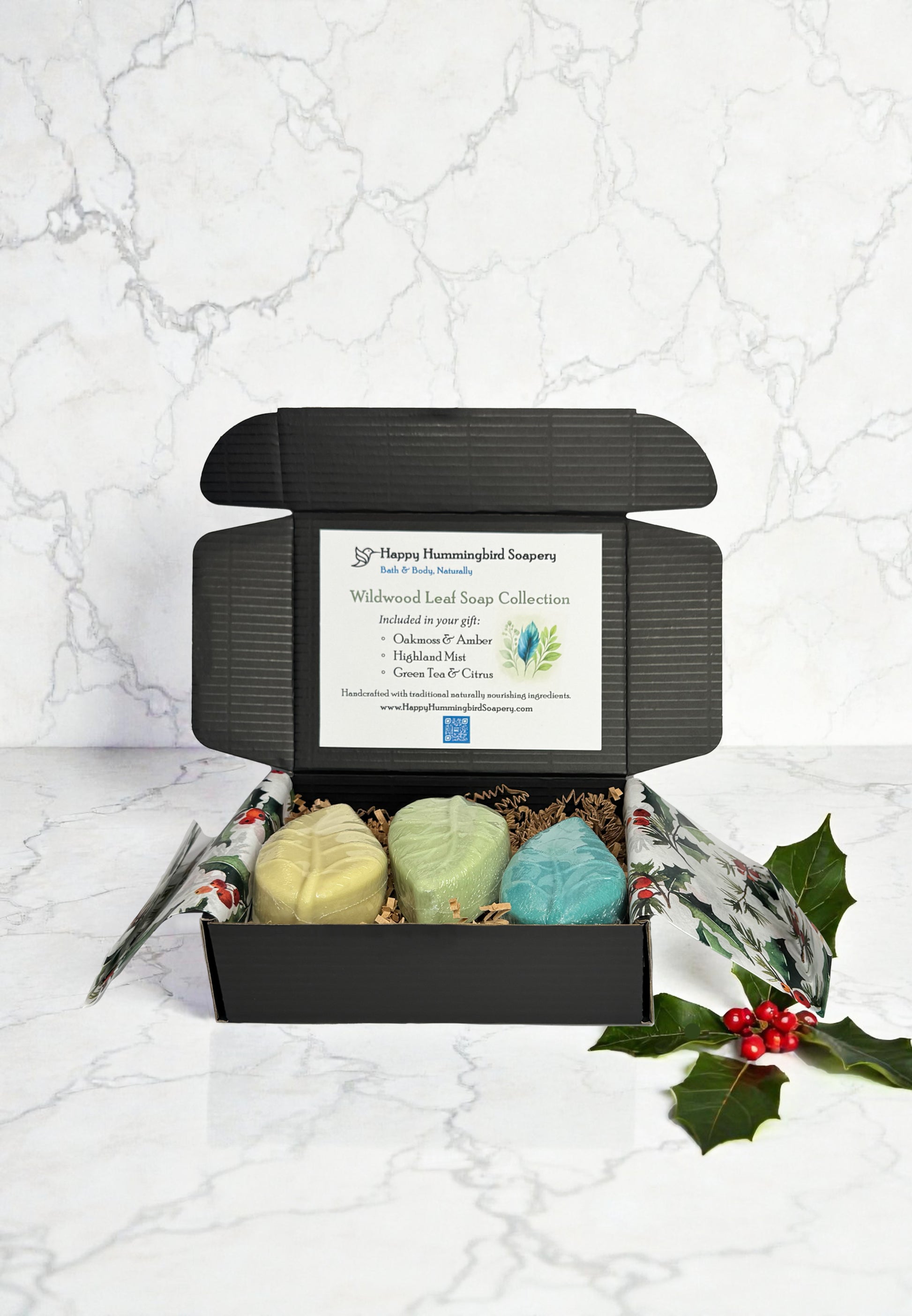Wildwood Leaf Soap Gift Set open box with three leaf soaps and collection card on marble background – Happy Hummingbird Soaper